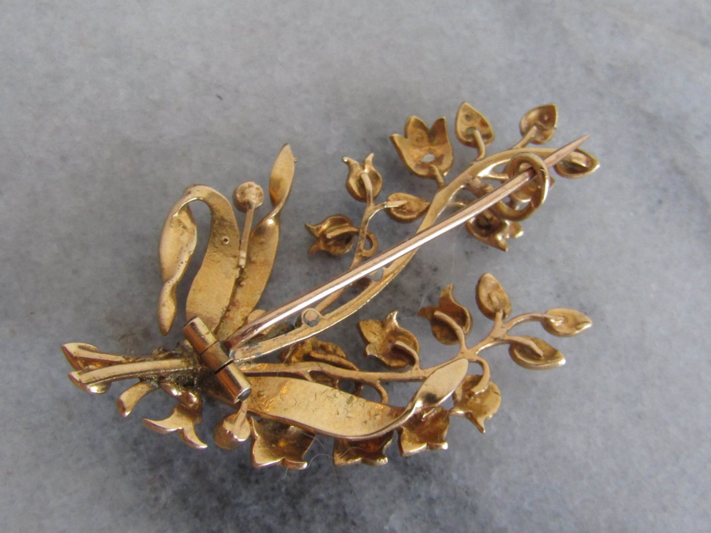 18K Solid Gold Lily of the Valley French Edwardian/Belle Epoque Brooch with seed pearls c. 1900