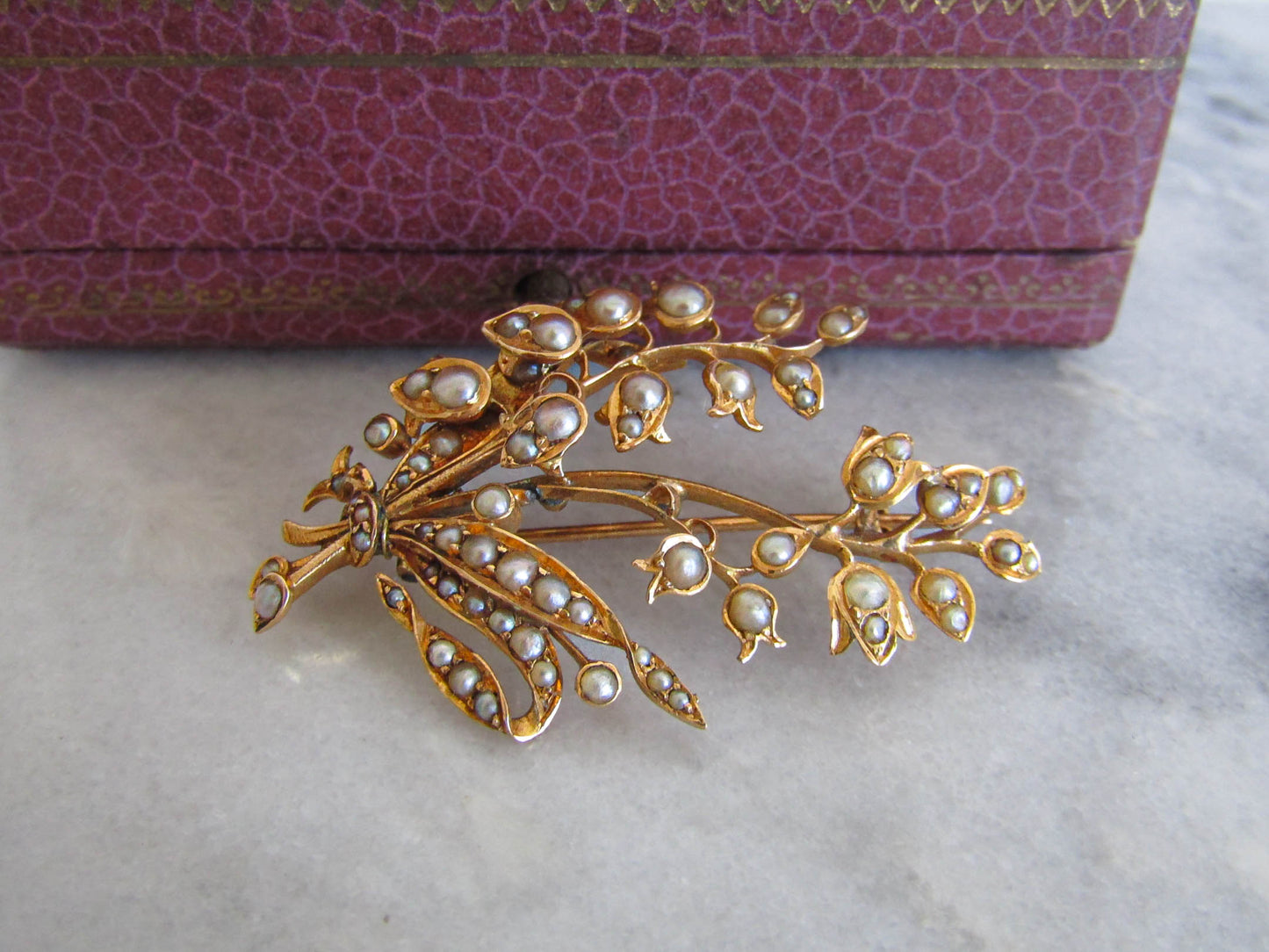 18K Solid Gold Lily of the Valley French Edwardian/Belle Epoque Brooch with seed pearls c. 1900