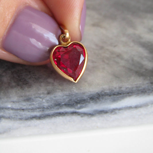 Vintage French Ruby Heart Charm in 18K Gold