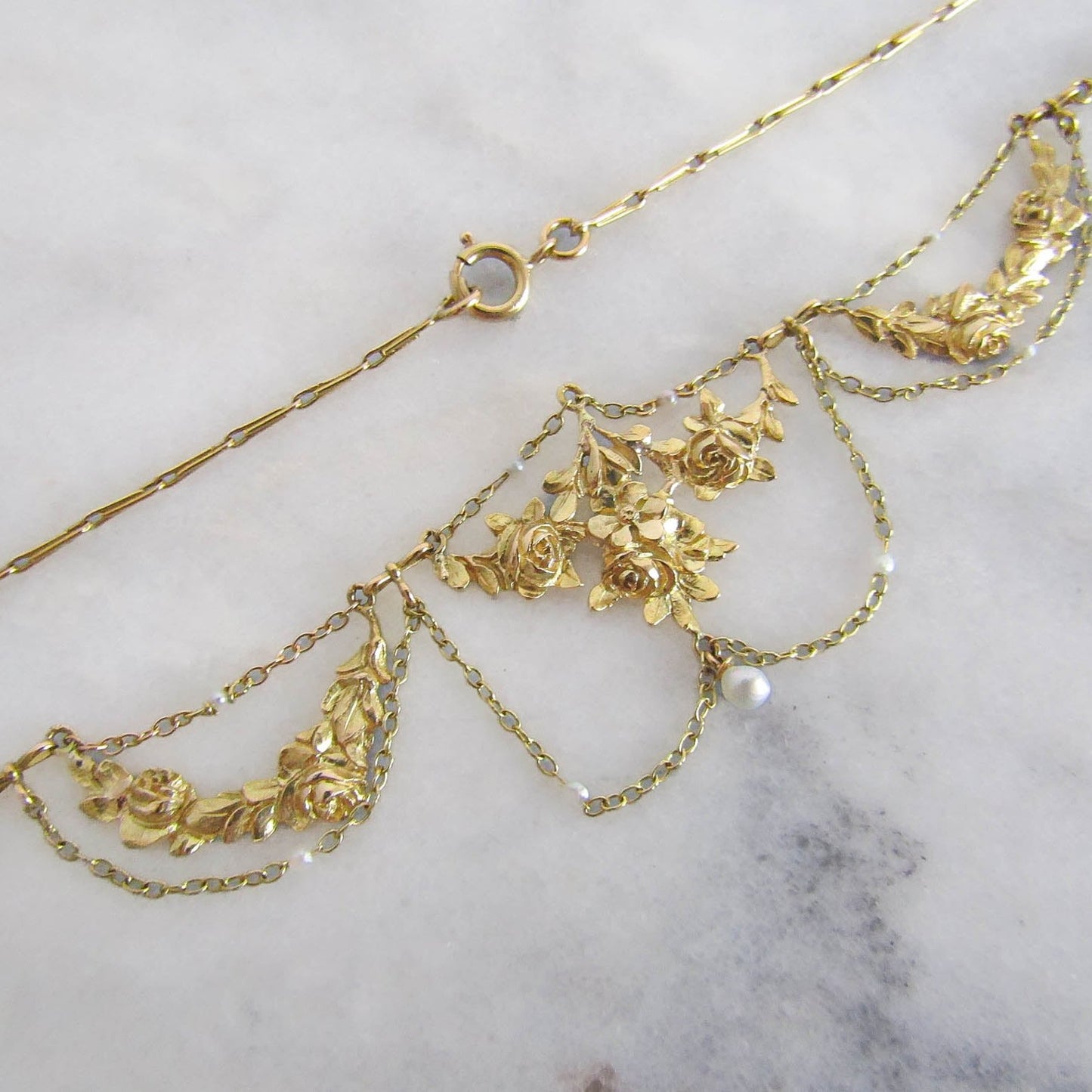 18K Gold Belle Epoque Roses Drapery Necklace, French Esclavage Necklace c. 1900