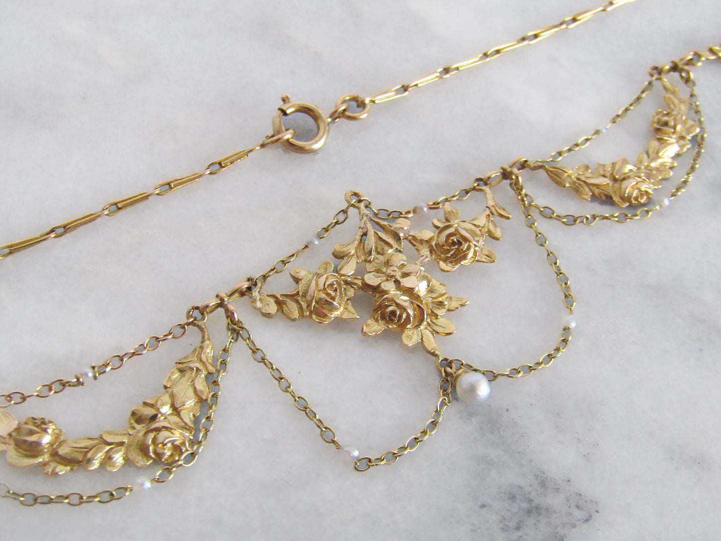 18K Gold Belle Epoque Roses Drapery Necklace, French Esclavage Necklace c. 1900