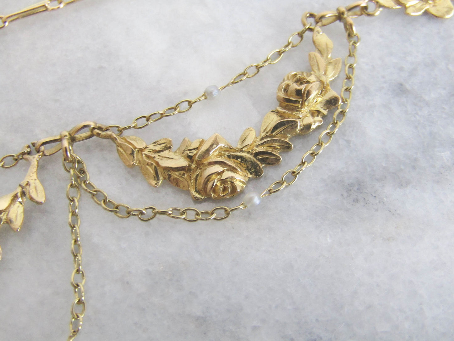 18K Gold Belle Epoque Roses Drapery Necklace, French Esclavage Necklace c. 1900