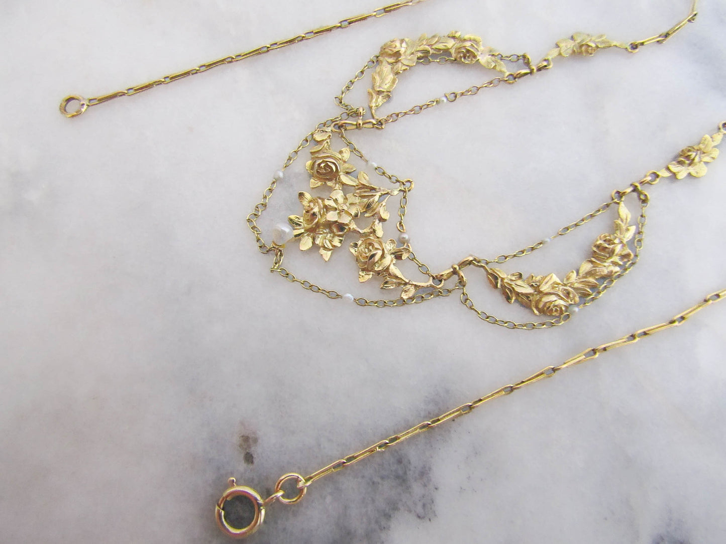 18K Gold Belle Epoque Roses Drapery Necklace, French Esclavage Necklace c. 1900