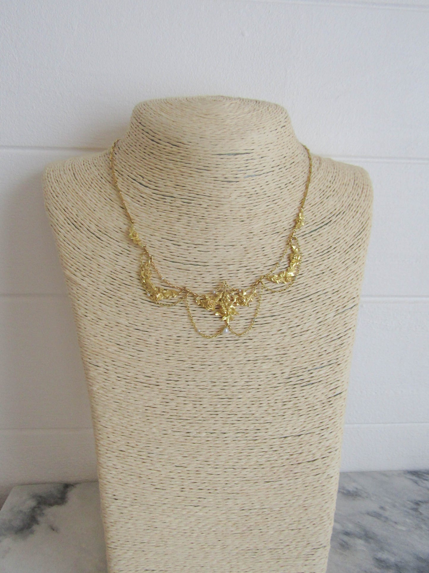 18K Gold Belle Epoque Roses Drapery Necklace, French Esclavage Necklace c. 1900