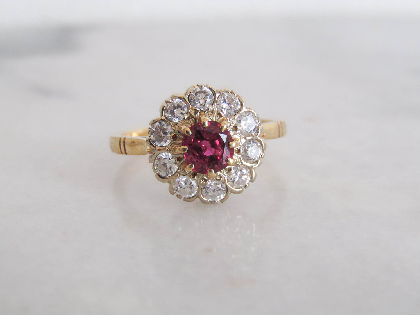 Antique Art Deco Ruby and Diamond Cluster Pompadour Daisy Ring