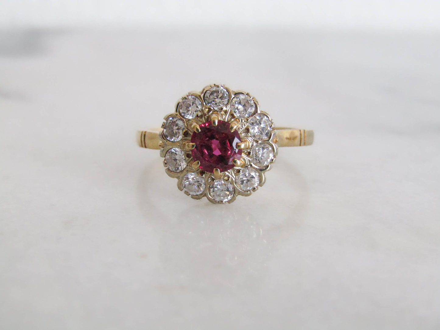 Antique Art Deco Ruby and Diamond Cluster Pompadour Daisy Ring