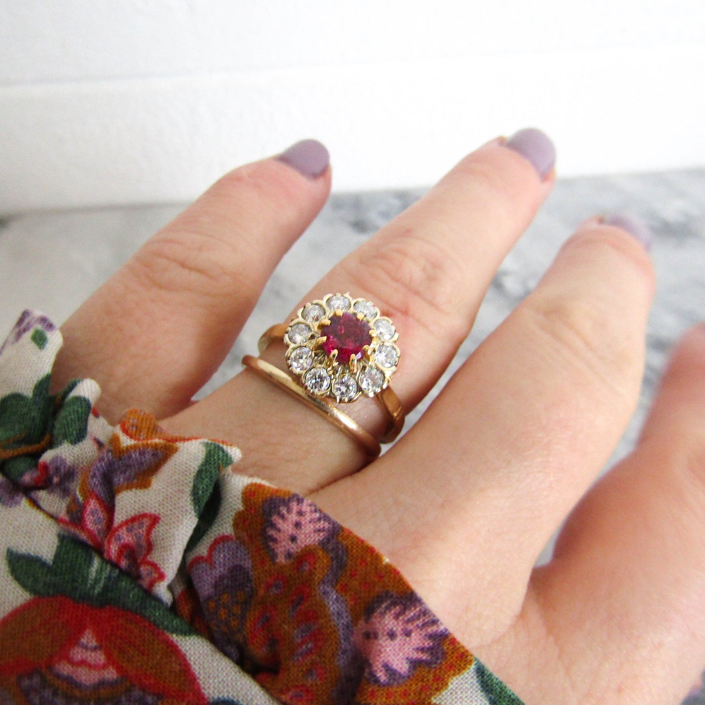 Antique Art Deco Ruby and Diamond Cluster Pompadour Daisy Ring