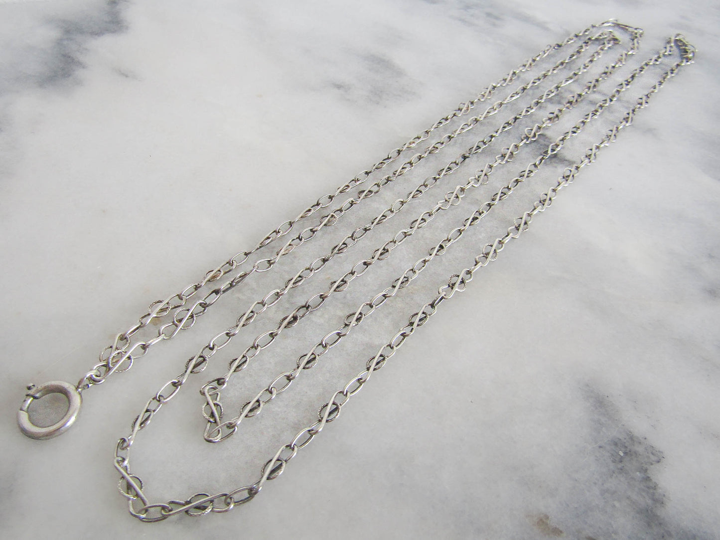 56" Silver Art Nouveau Long Guard Chain with Hanging Bolt Ring