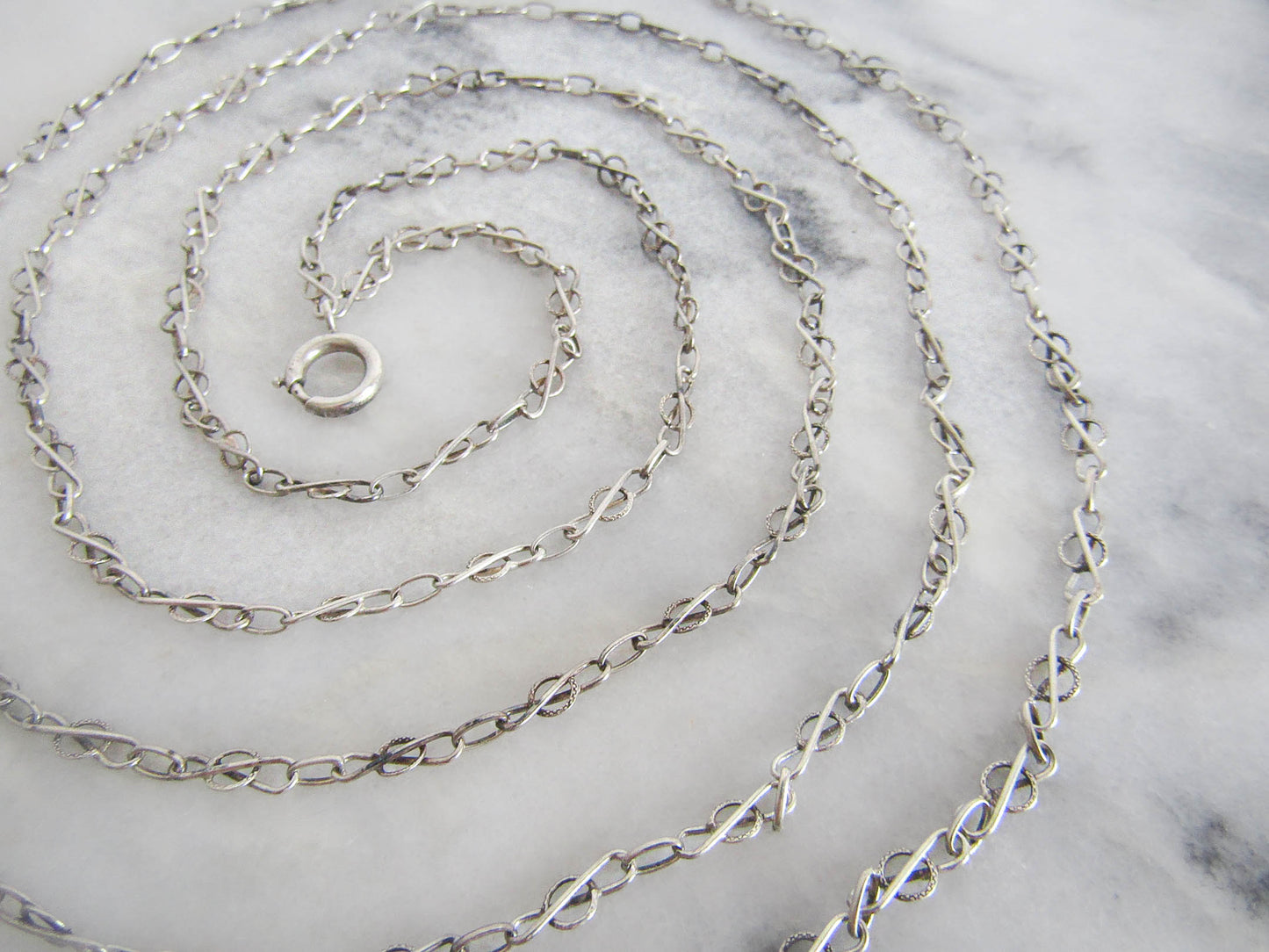 56" Silver Art Nouveau Long Guard Chain with Hanging Bolt Ring