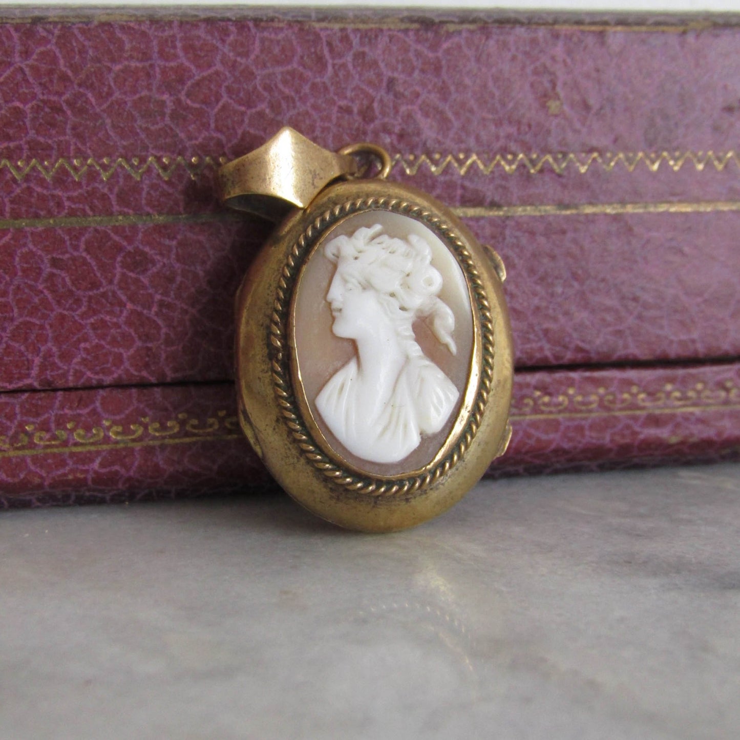 Antique Cameo Pendant with Hinged Glass Partition, French Victorian Brass Shell locket