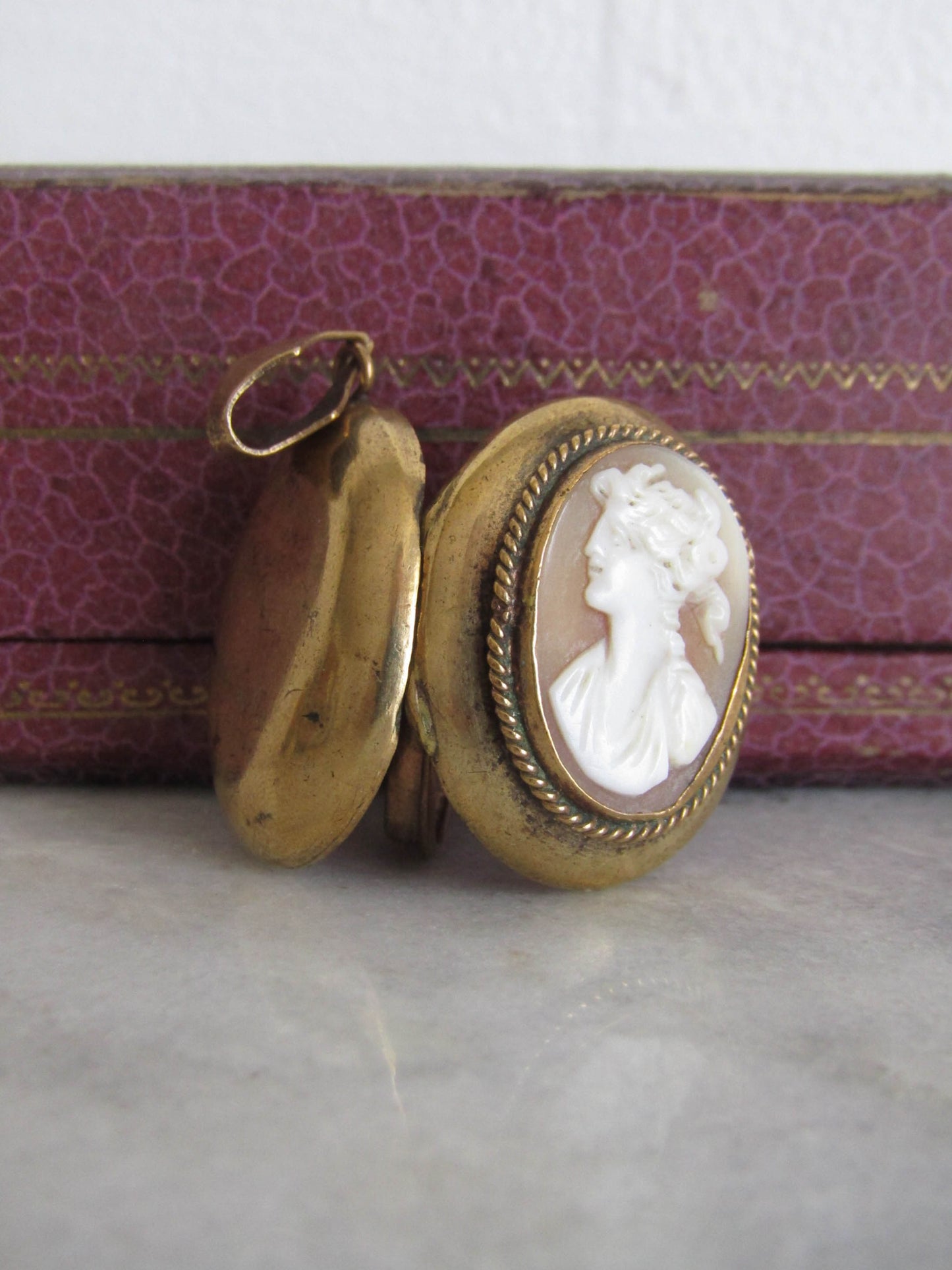 Antique Cameo Pendant with Hinged Glass Partition, French Victorian Brass Shell locket