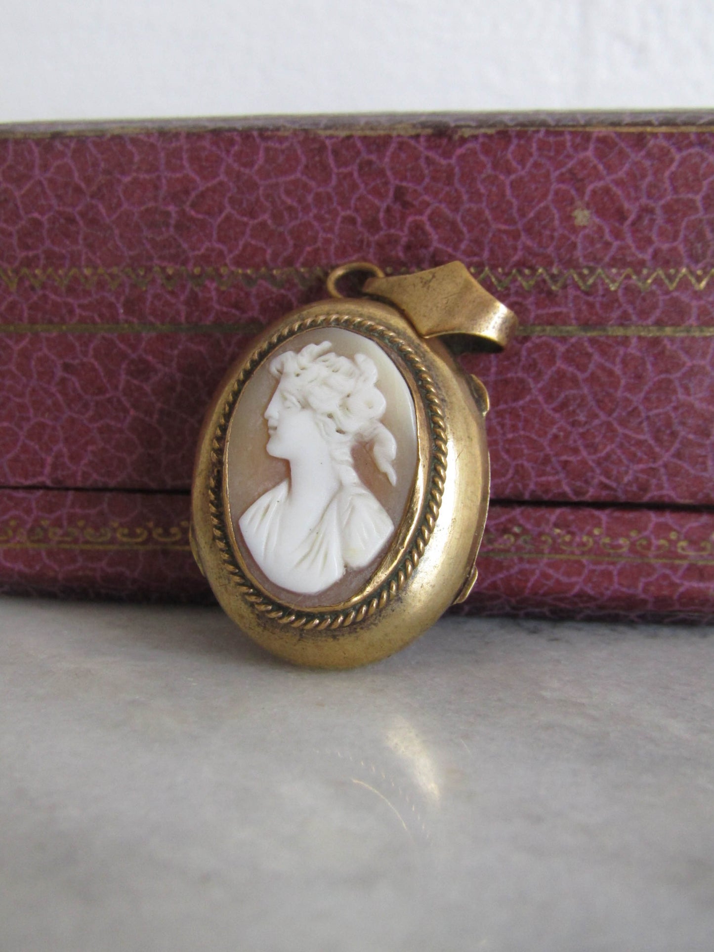 Antique Cameo Pendant with Hinged Glass Partition, French Victorian Brass Shell locket