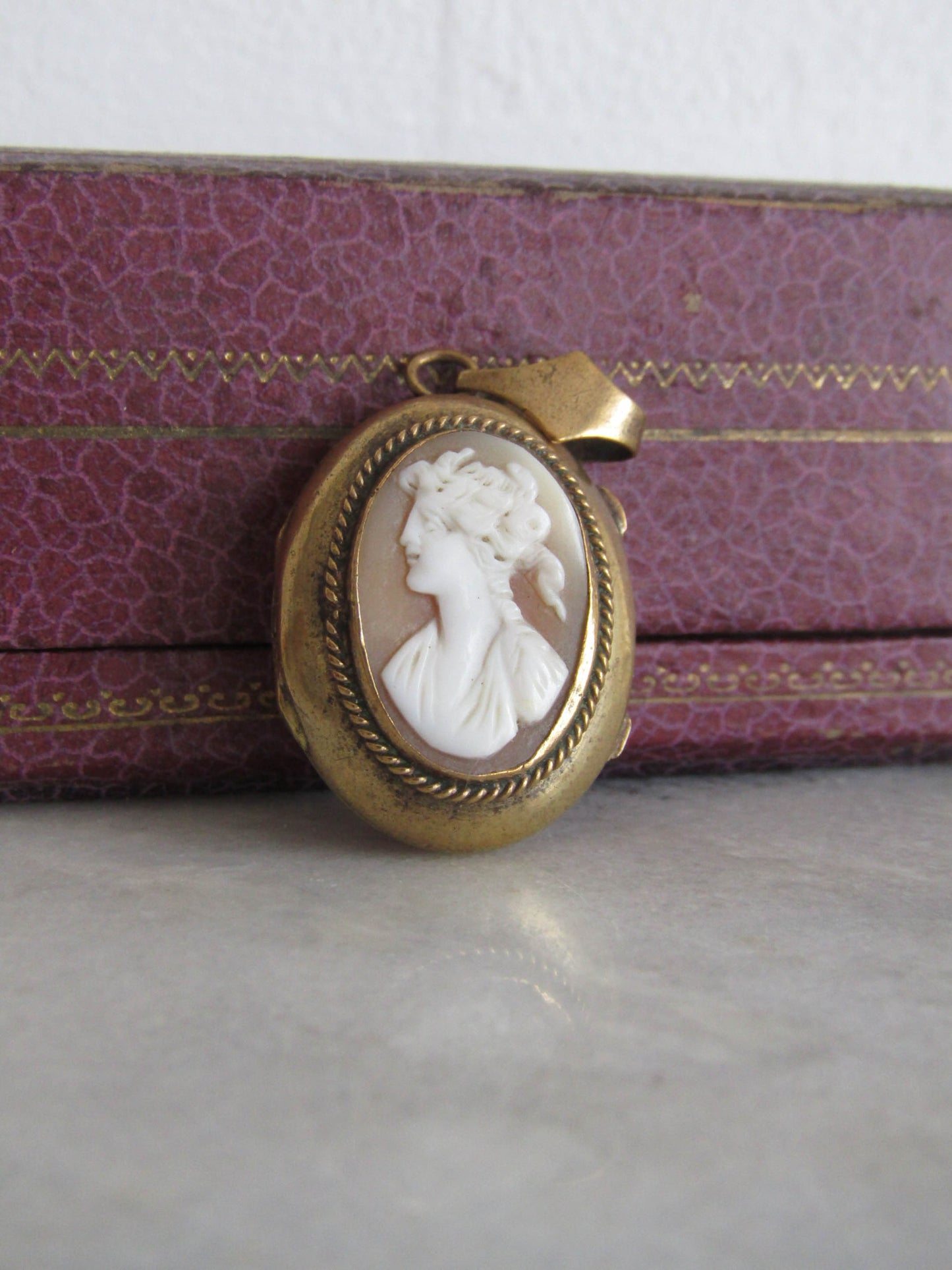 Antique Cameo Pendant with Hinged Glass Partition, French Victorian Brass Shell locket