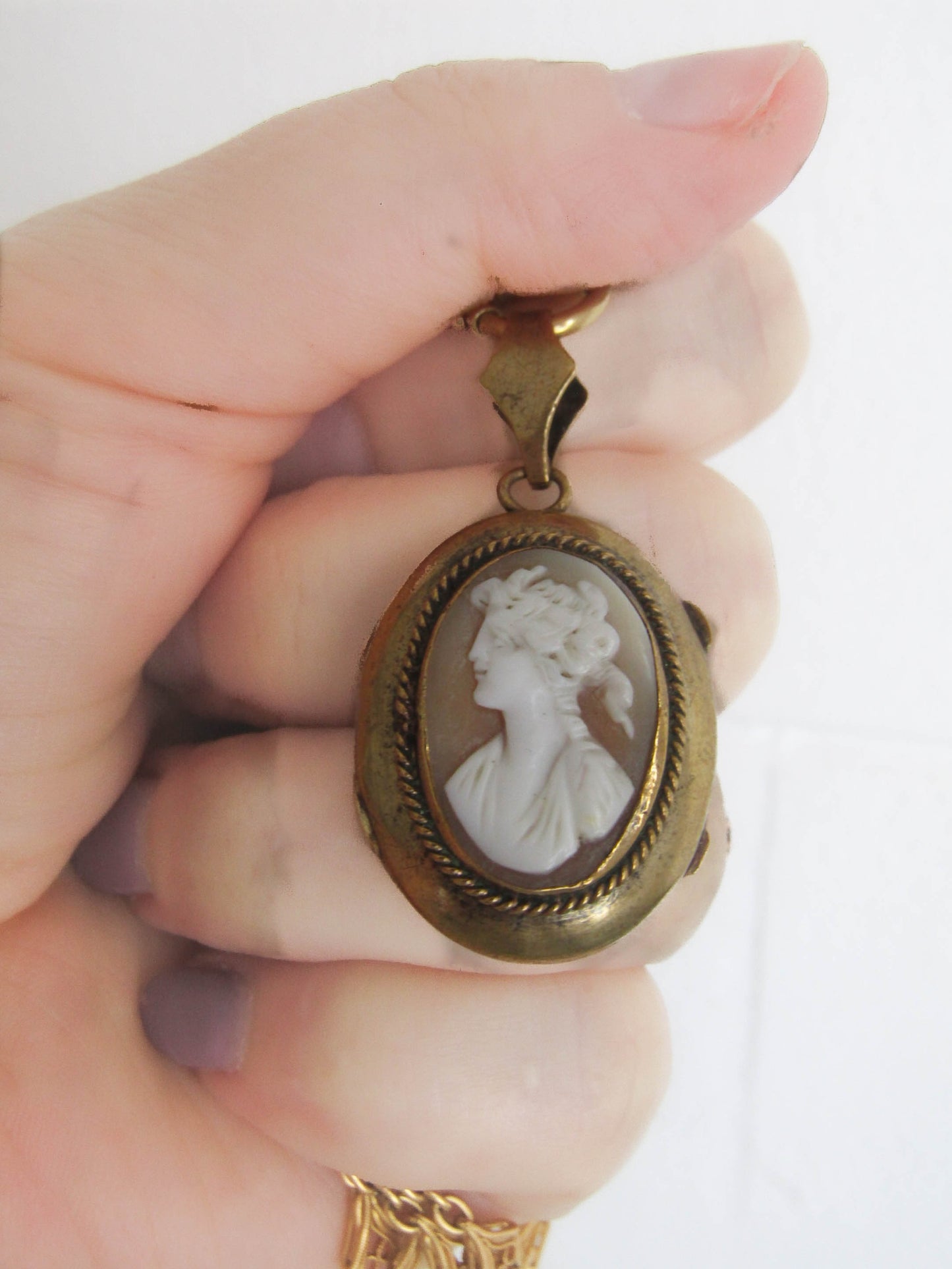 Antique Cameo Pendant with Hinged Glass Partition, French Victorian Brass Shell locket