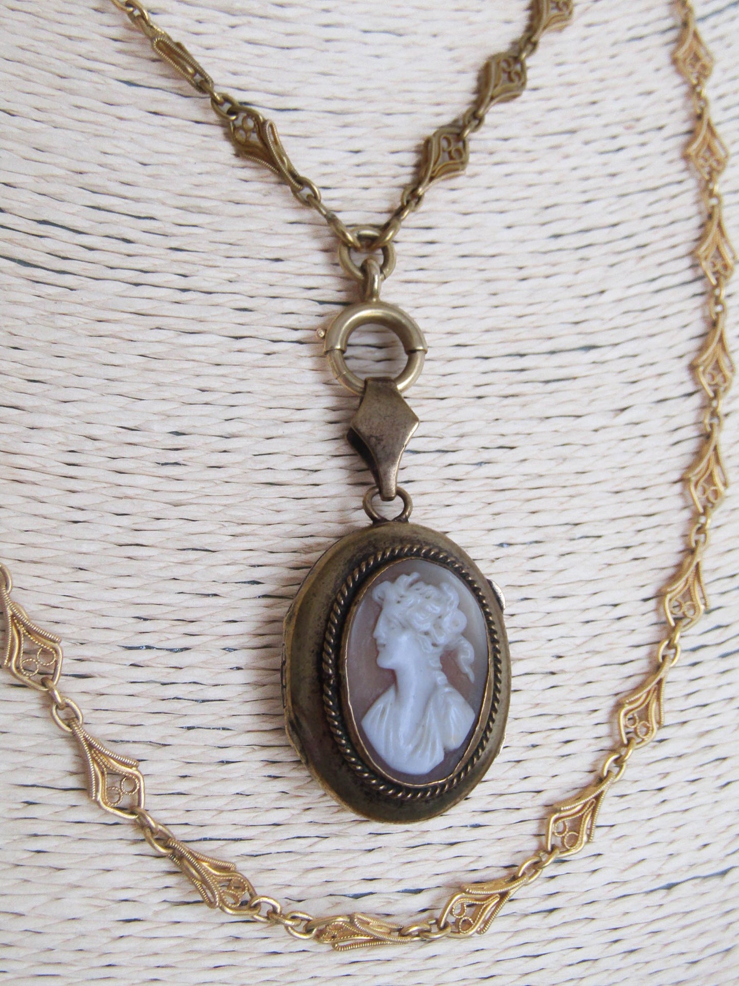 Antique Cameo Pendant with Hinged Glass Partition, French Victorian Brass Shell locket