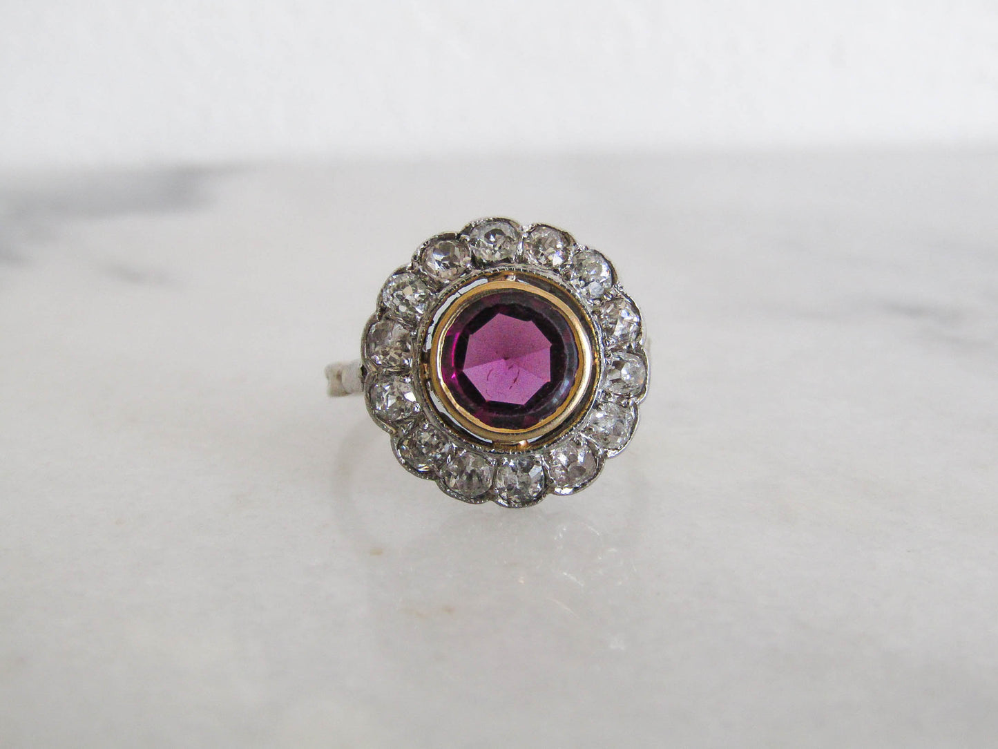 Edwardian Platinum Diamond and Rhodolite Garnet Pompadour Ring c. 1900