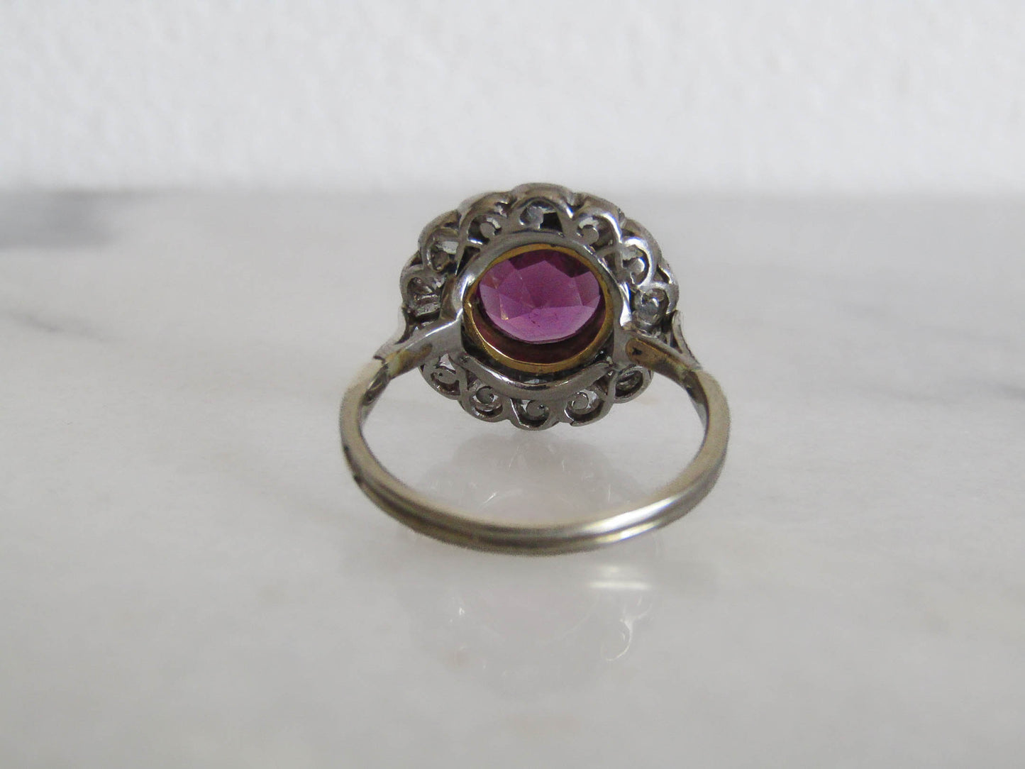 Edwardian Platinum Diamond and Rhodolite Garnet Pompadour Ring c. 1900