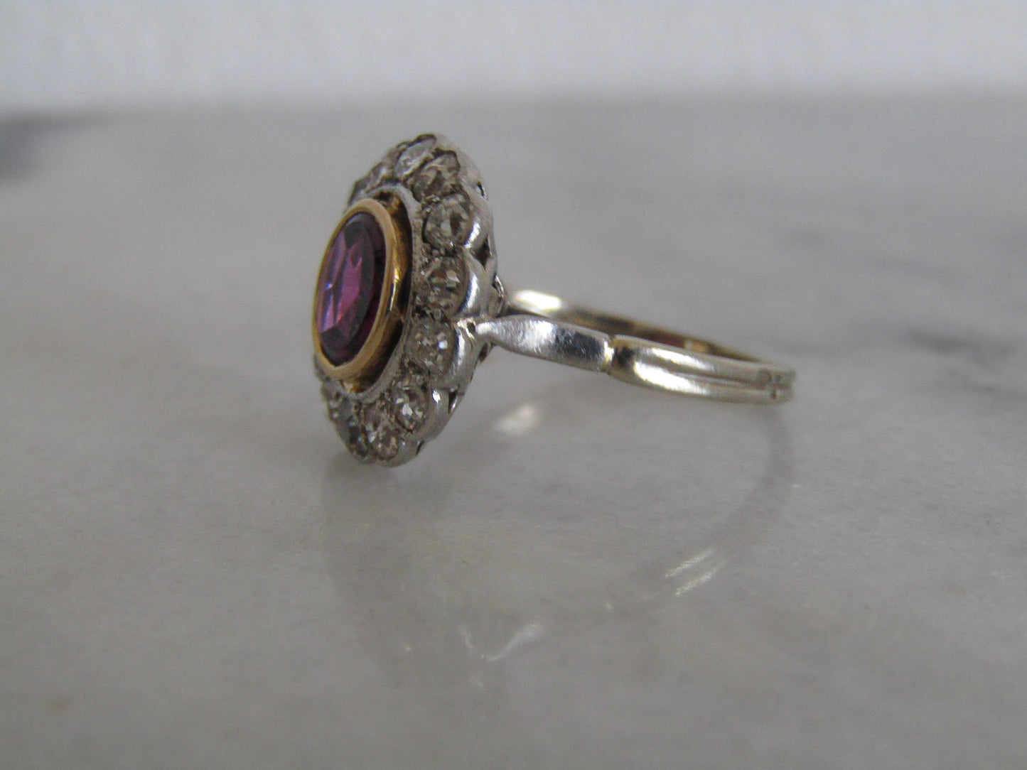 Edwardian Platinum Diamond and Rhodolite Garnet Pompadour Ring c. 1900