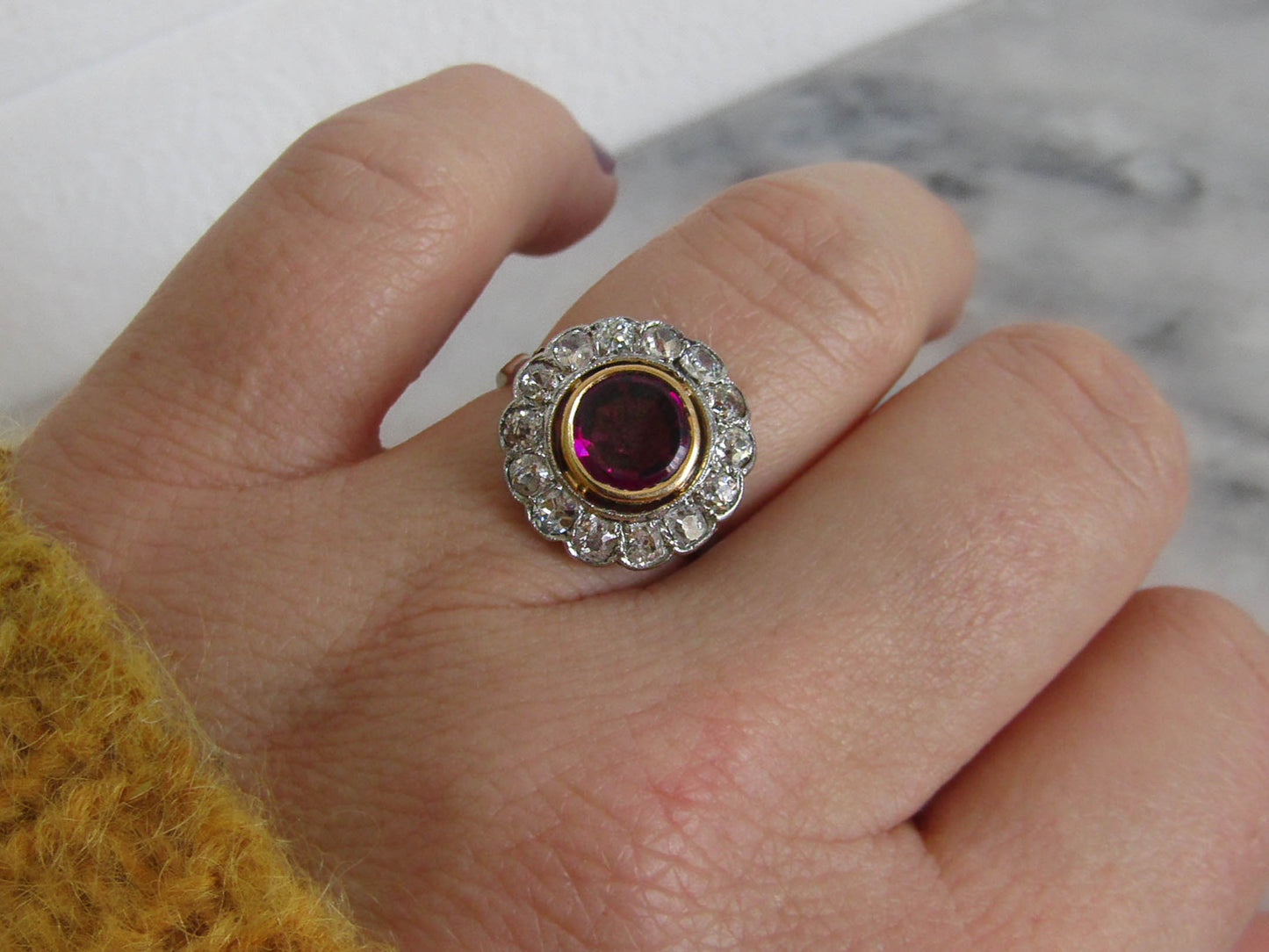 Edwardian Platinum Diamond and Rhodolite Garnet Pompadour Ring c. 1900