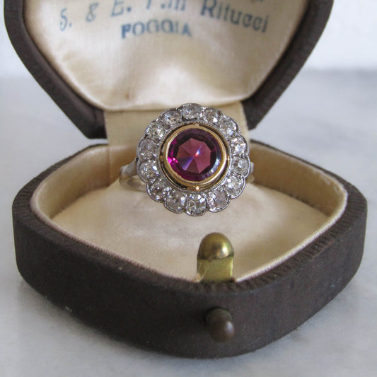 Edwardian Platinum Diamond and Rhodolite Garnet Pompadour Ring c. 1900