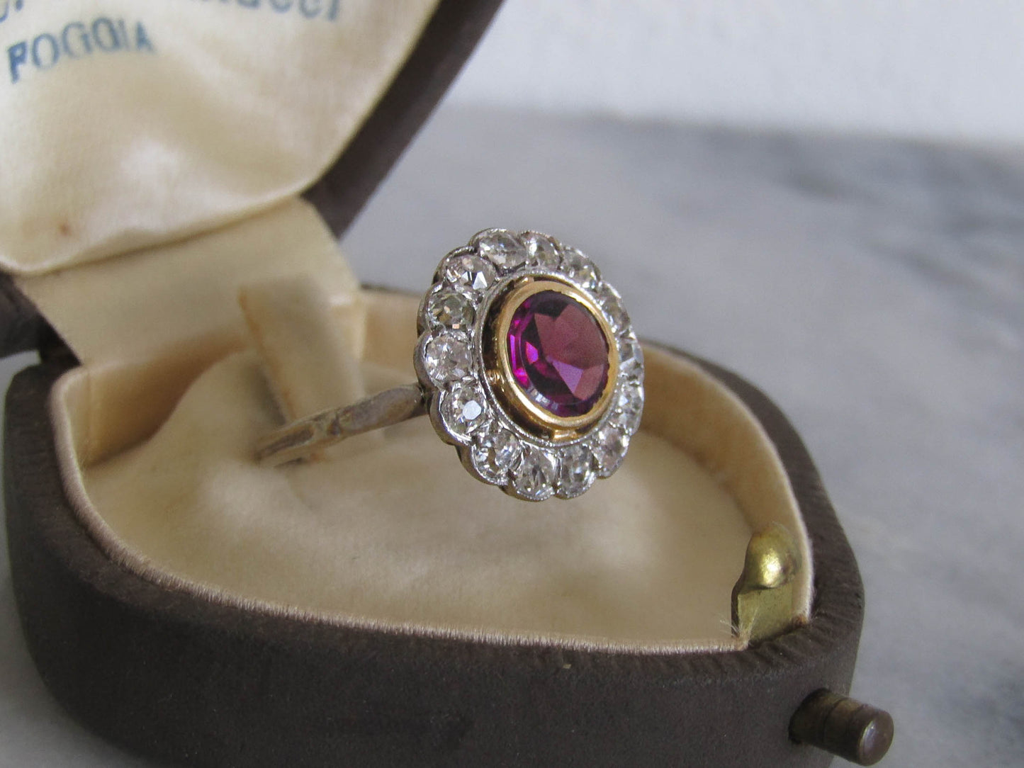 Edwardian Platinum Diamond and Rhodolite Garnet Pompadour Ring c. 1900