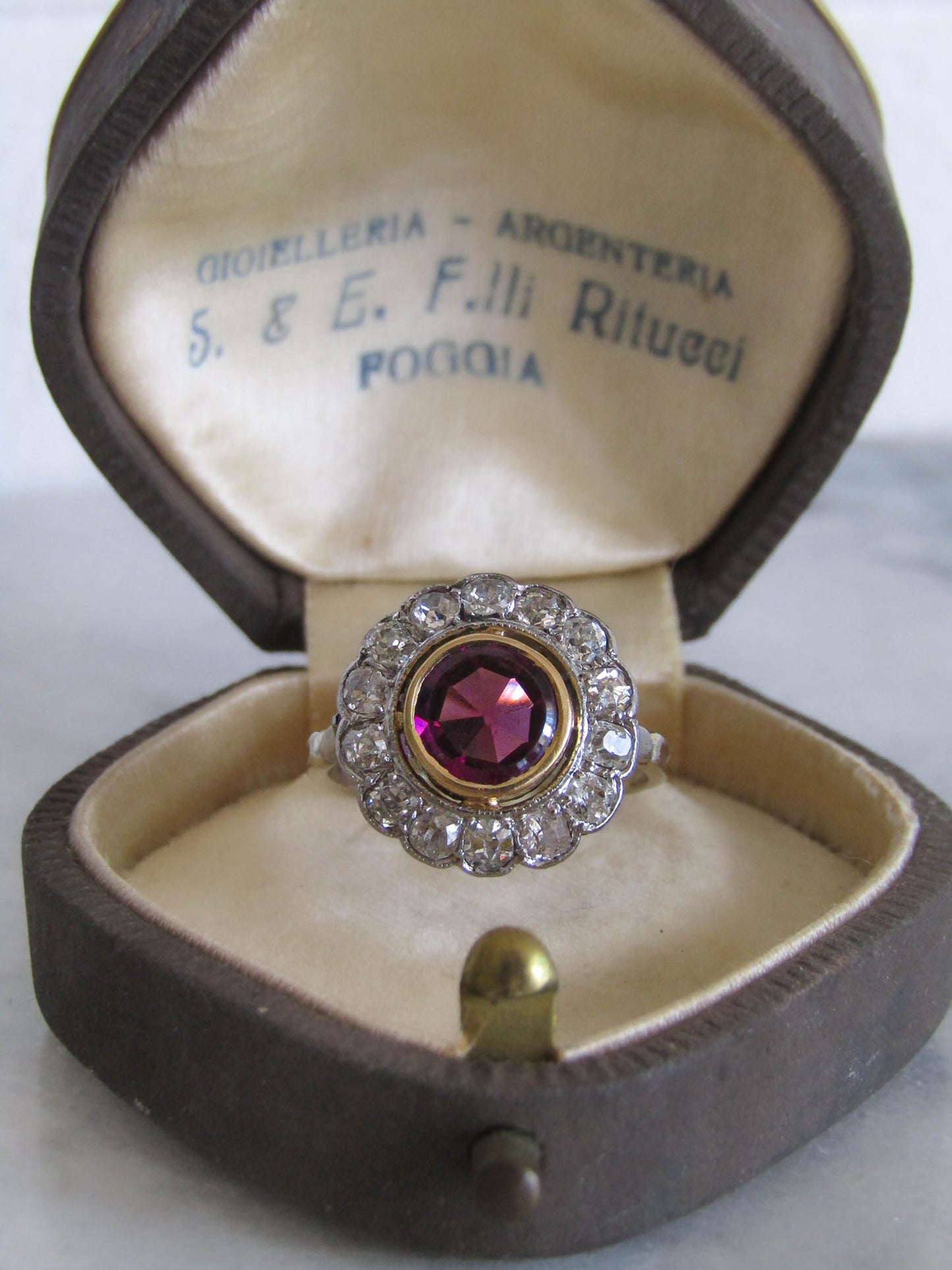 Edwardian Platinum Diamond and Rhodolite Garnet Pompadour Ring c. 1900