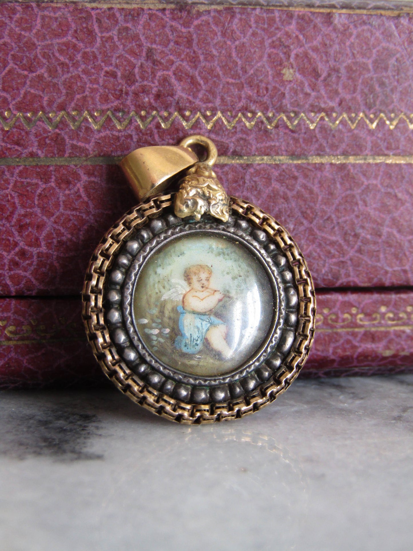 18K Gold and Silver Painted Cherub Pendant