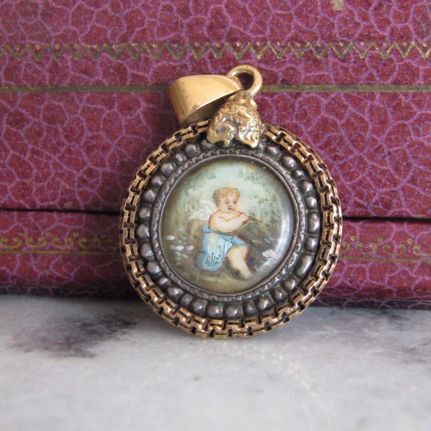 18K Gold and Silver Painted Cherub Pendant