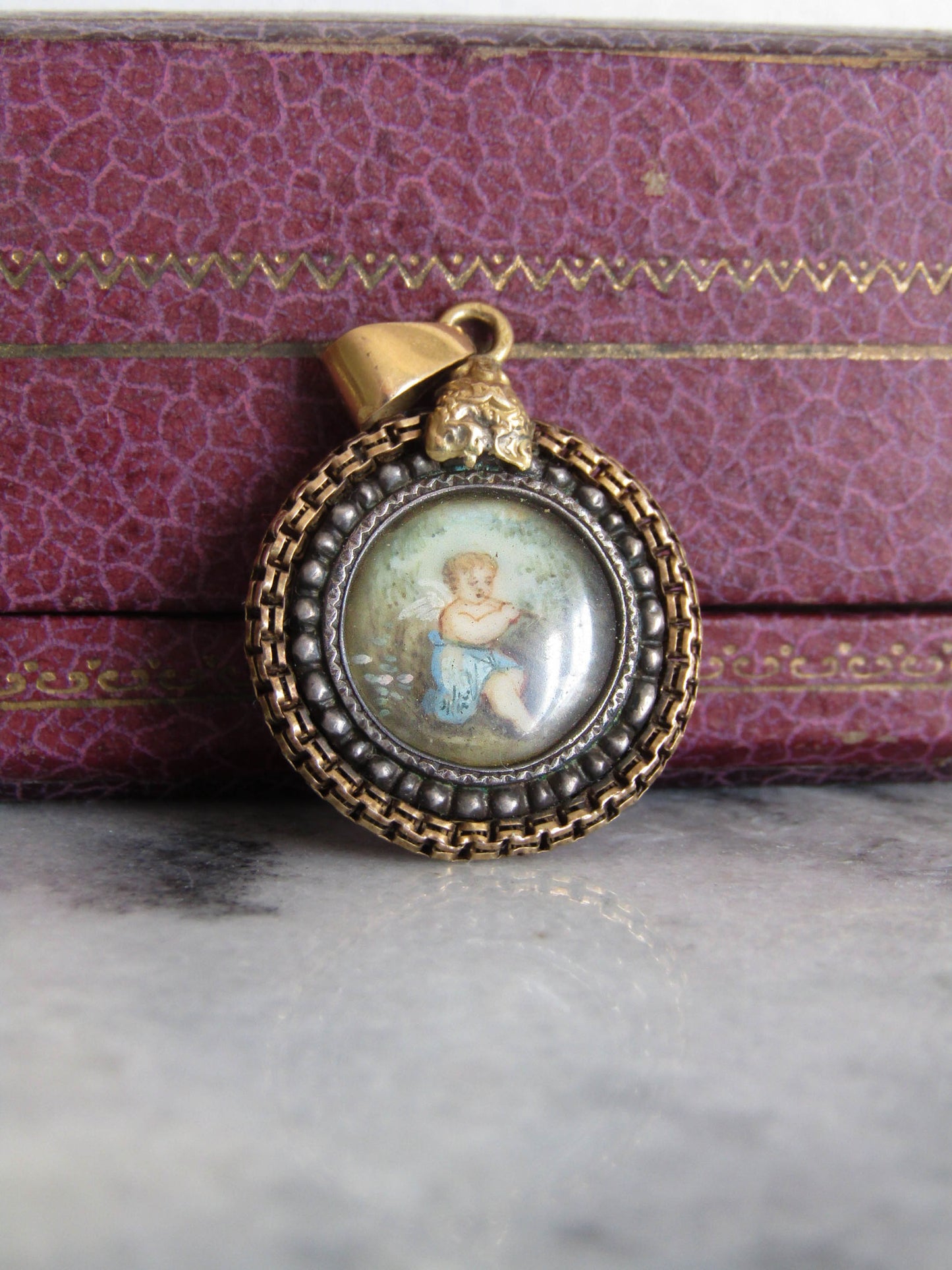 18K Gold and Silver Painted Cherub Pendant