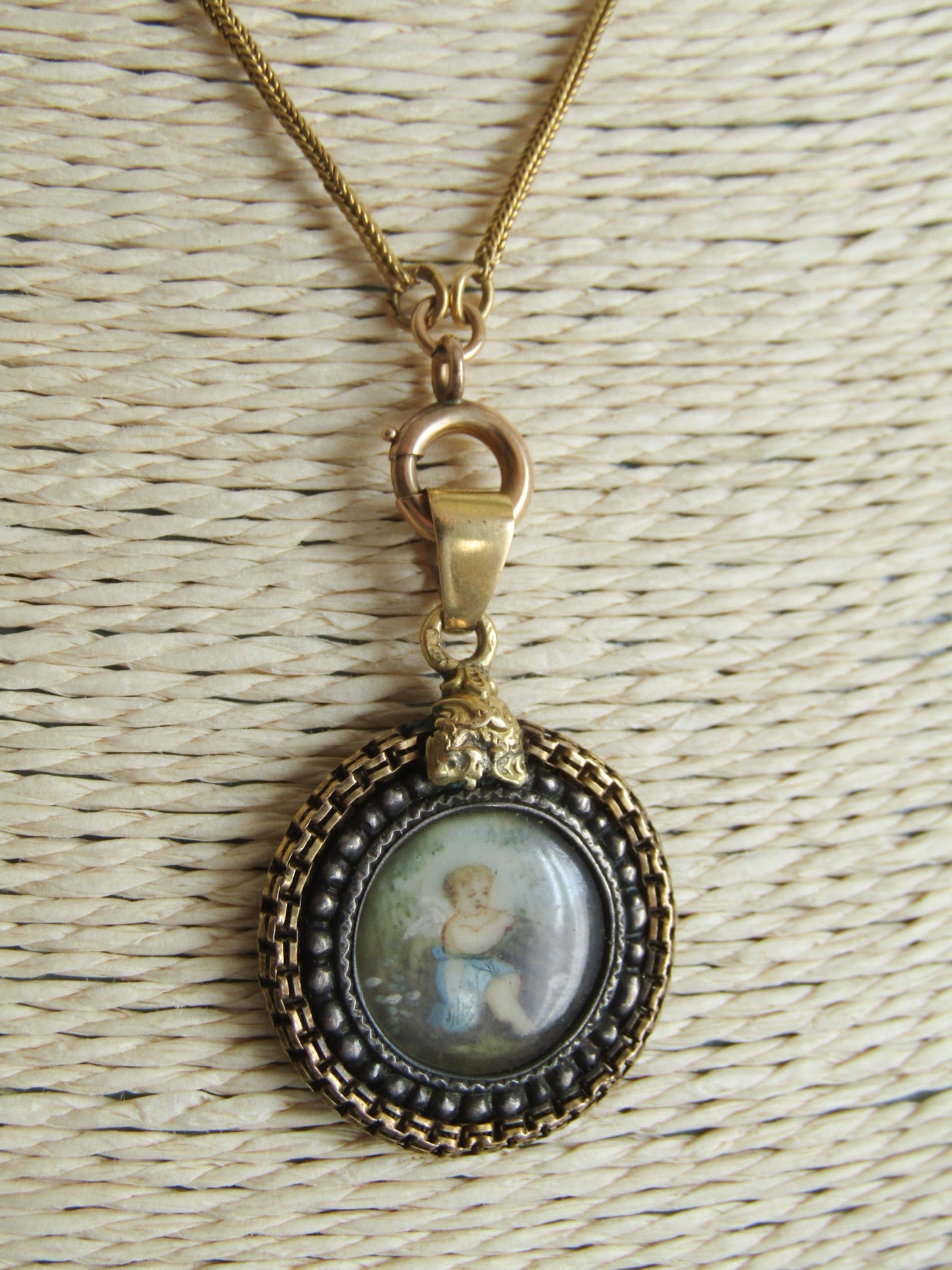 18K Gold and Silver Painted Cherub Pendant