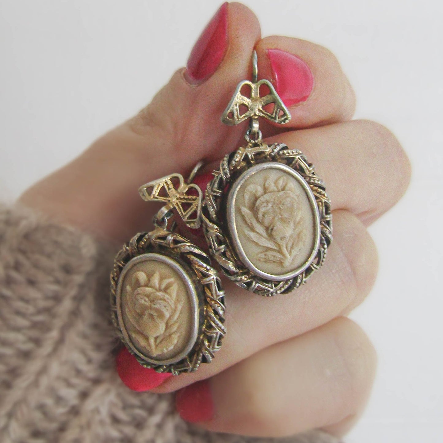 Antique Lava Stone Pansy Cameo Earrings,