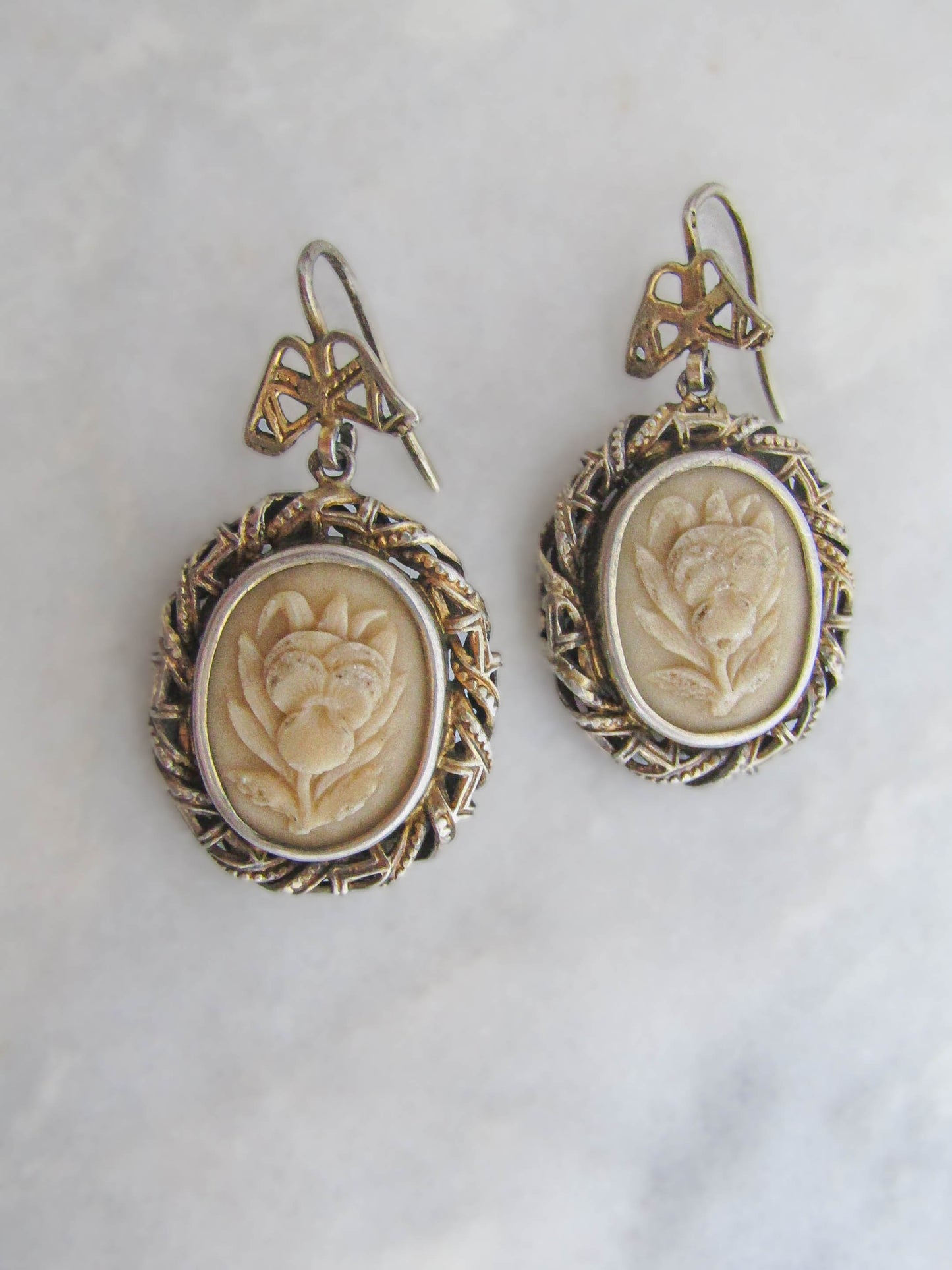 Antique Lava Stone Pansy Cameo Earrings,