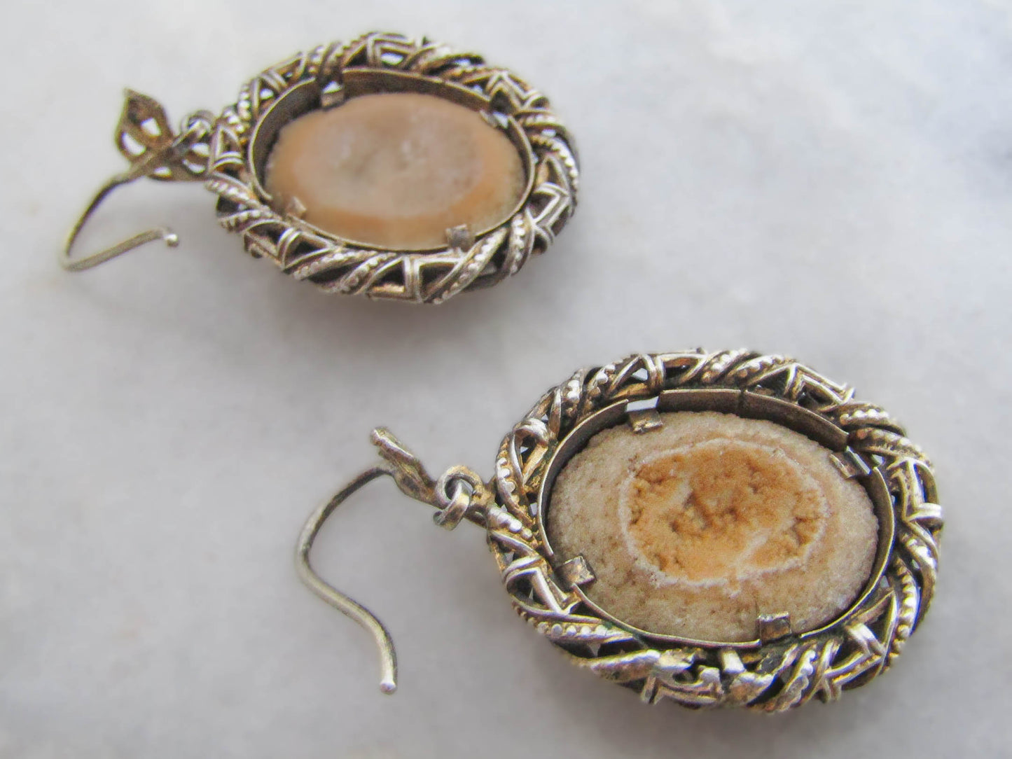 Antique Lava Stone Pansy Cameo Earrings,