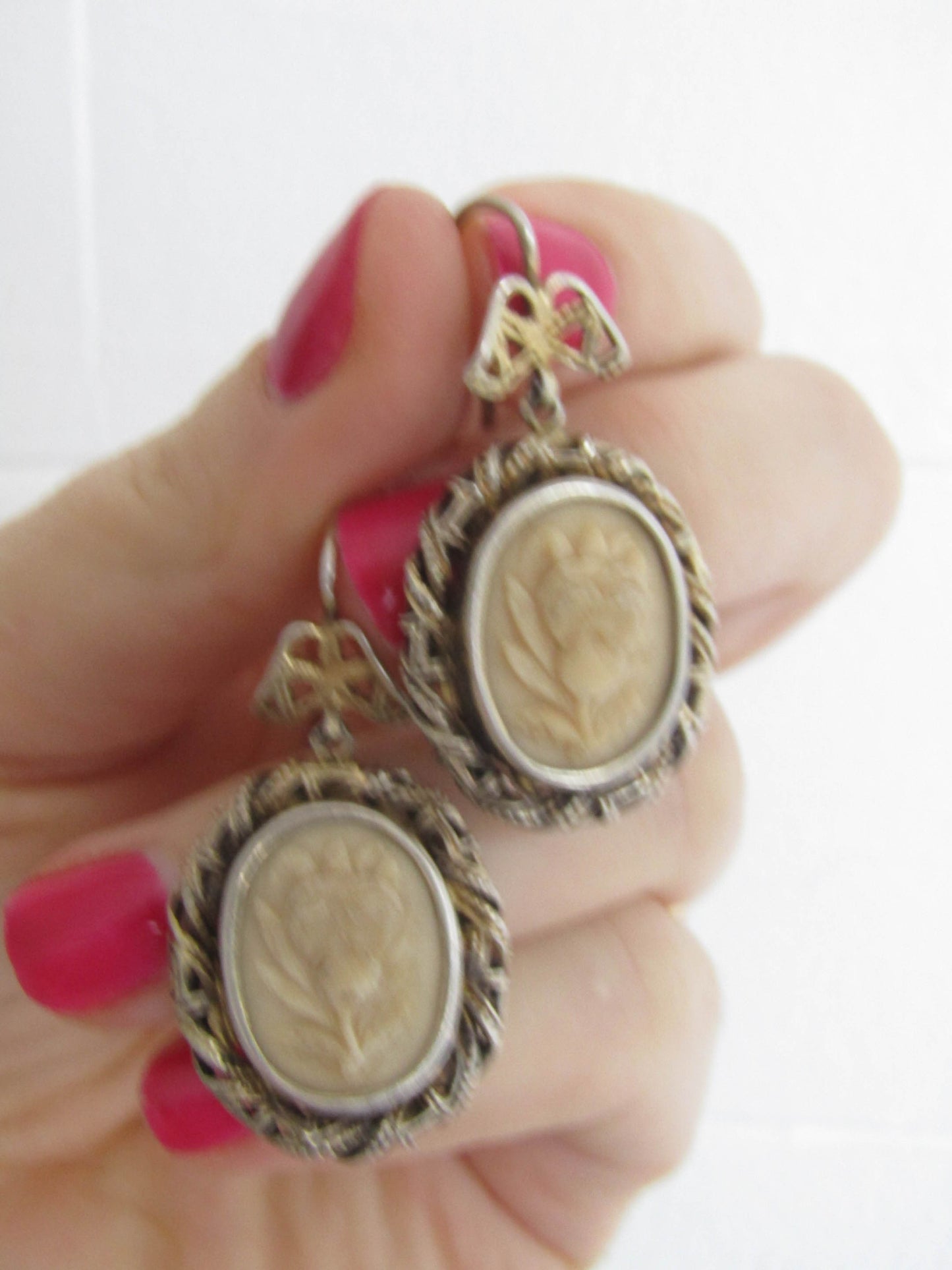 Antique Lava Stone Pansy Cameo Earrings,