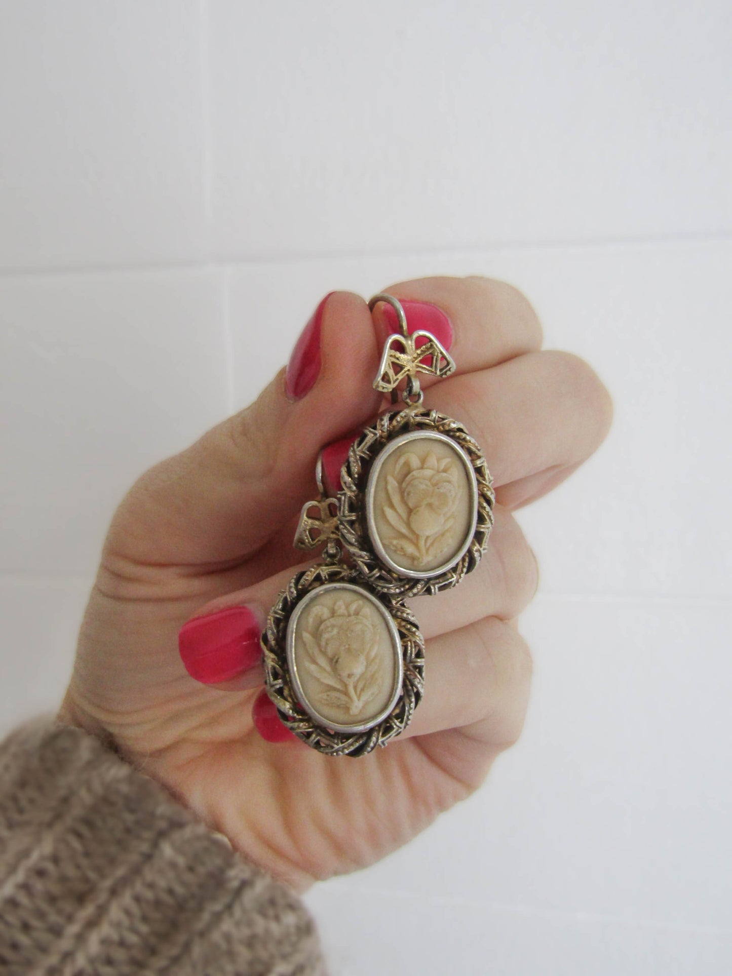 Antique Lava Stone Pansy Cameo Earrings,