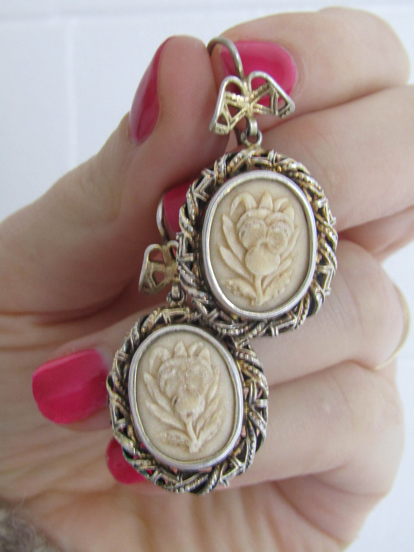 Antique Lava Stone Pansy Cameo Earrings,