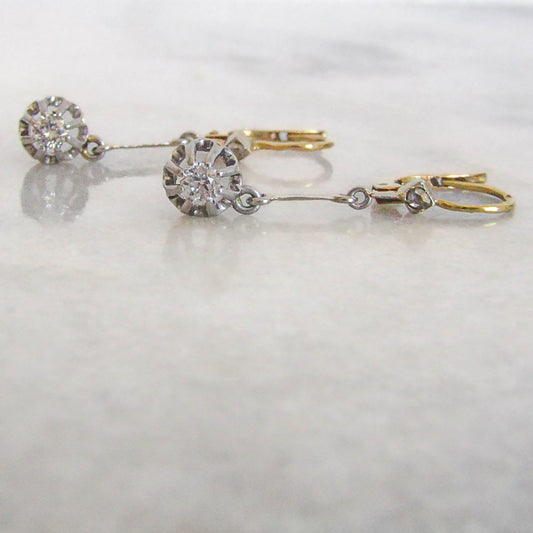 Antique 18K Gold and Platinum Old European Cut .3 carats Diamond Drop Earrings, French Art Deco Dangle Earrings