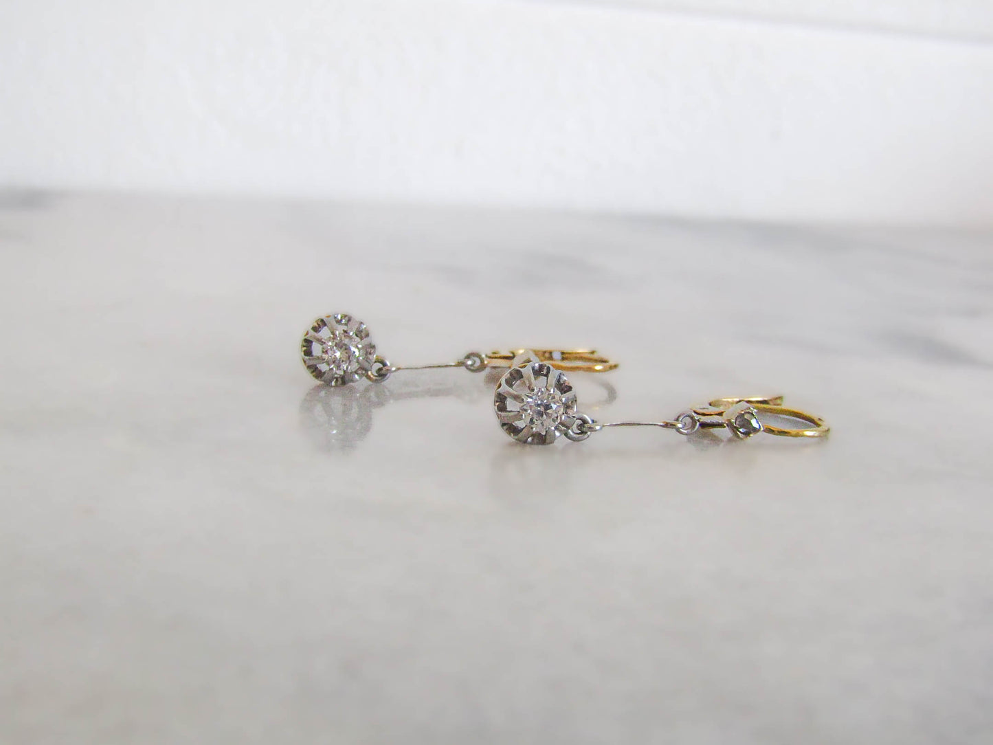 Antique 18K Gold and Platinum Old European Cut .3 carats Diamond Drop Earrings, French Art Deco Dangle Earrings