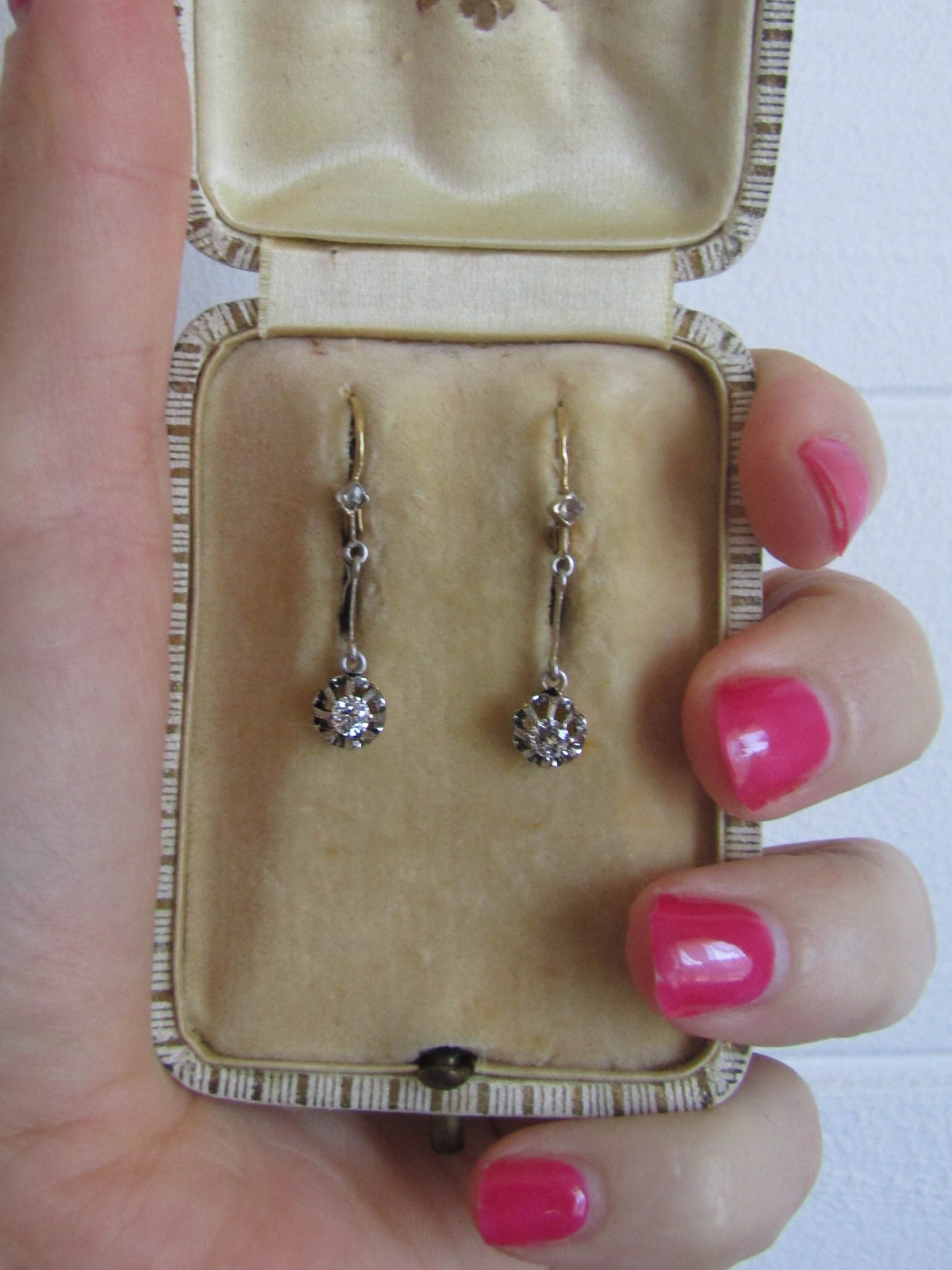 Antique 18K Gold and Platinum Old European Cut .3 carats Diamond Drop Earrings, French Art Deco Dangle Earrings