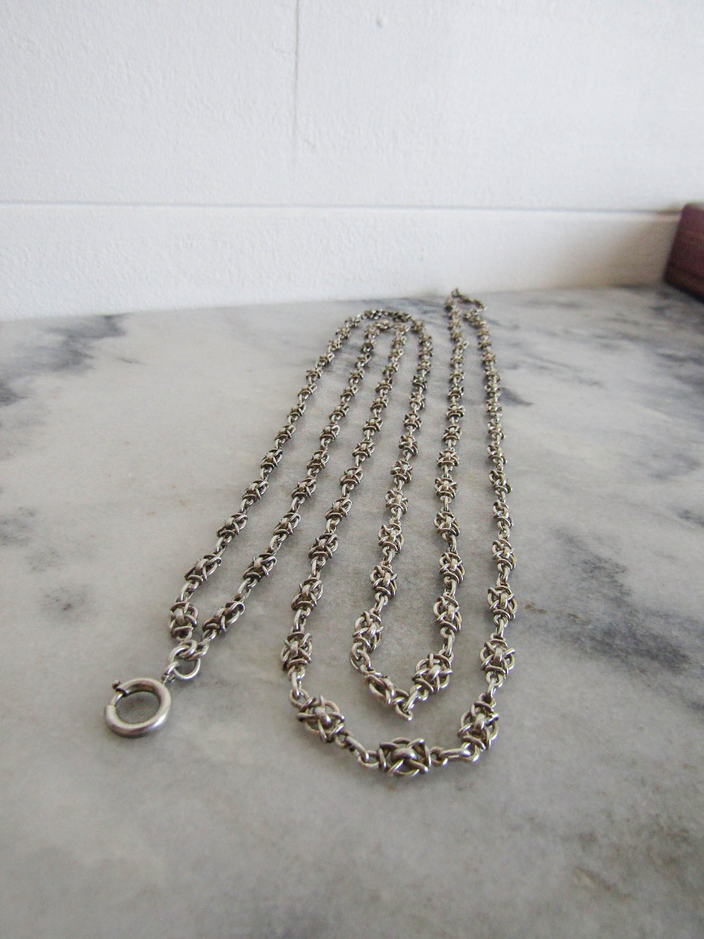 56" Antique Silver Victorian Fancy Chain, French Belle Epoque Long Guard Chain, XIX Century Muff Chain