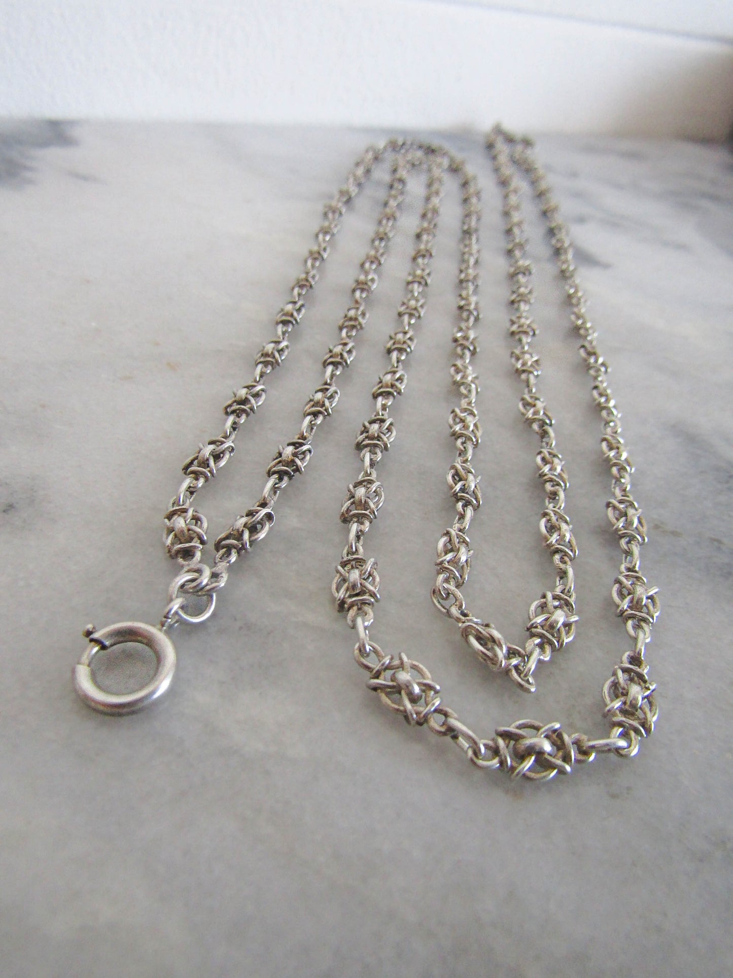 56" Antique Silver Victorian Fancy Chain, French Belle Epoque Long Guard Chain, XIX Century Muff Chain