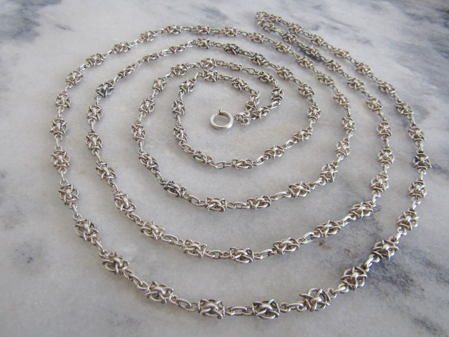 56" Antique Silver Victorian Fancy Chain, French Belle Epoque Long Guard Chain, XIX Century Muff Chain