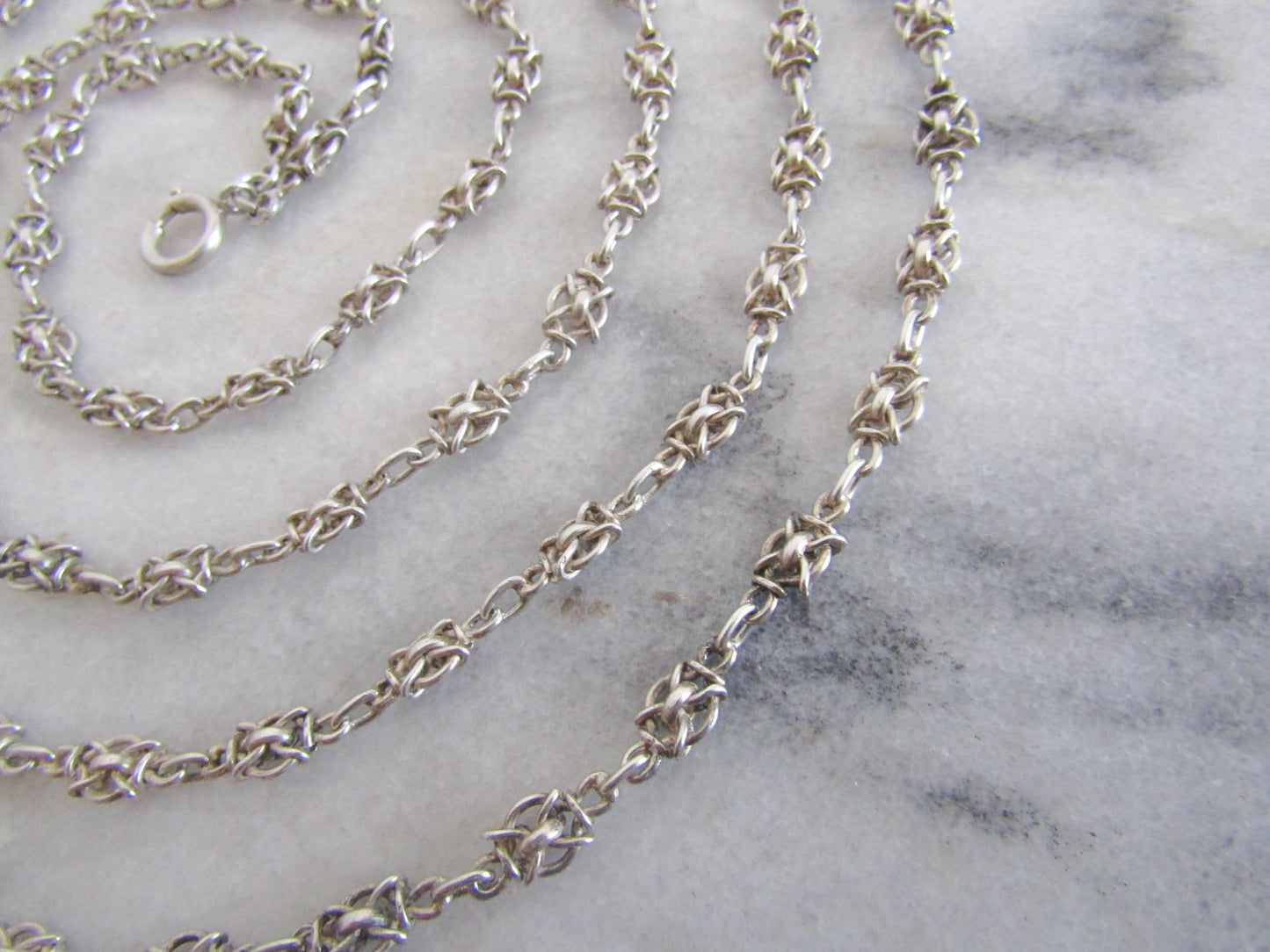 56" Antique Silver Victorian Fancy Chain, French Belle Epoque Long Guard Chain, XIX Century Muff Chain