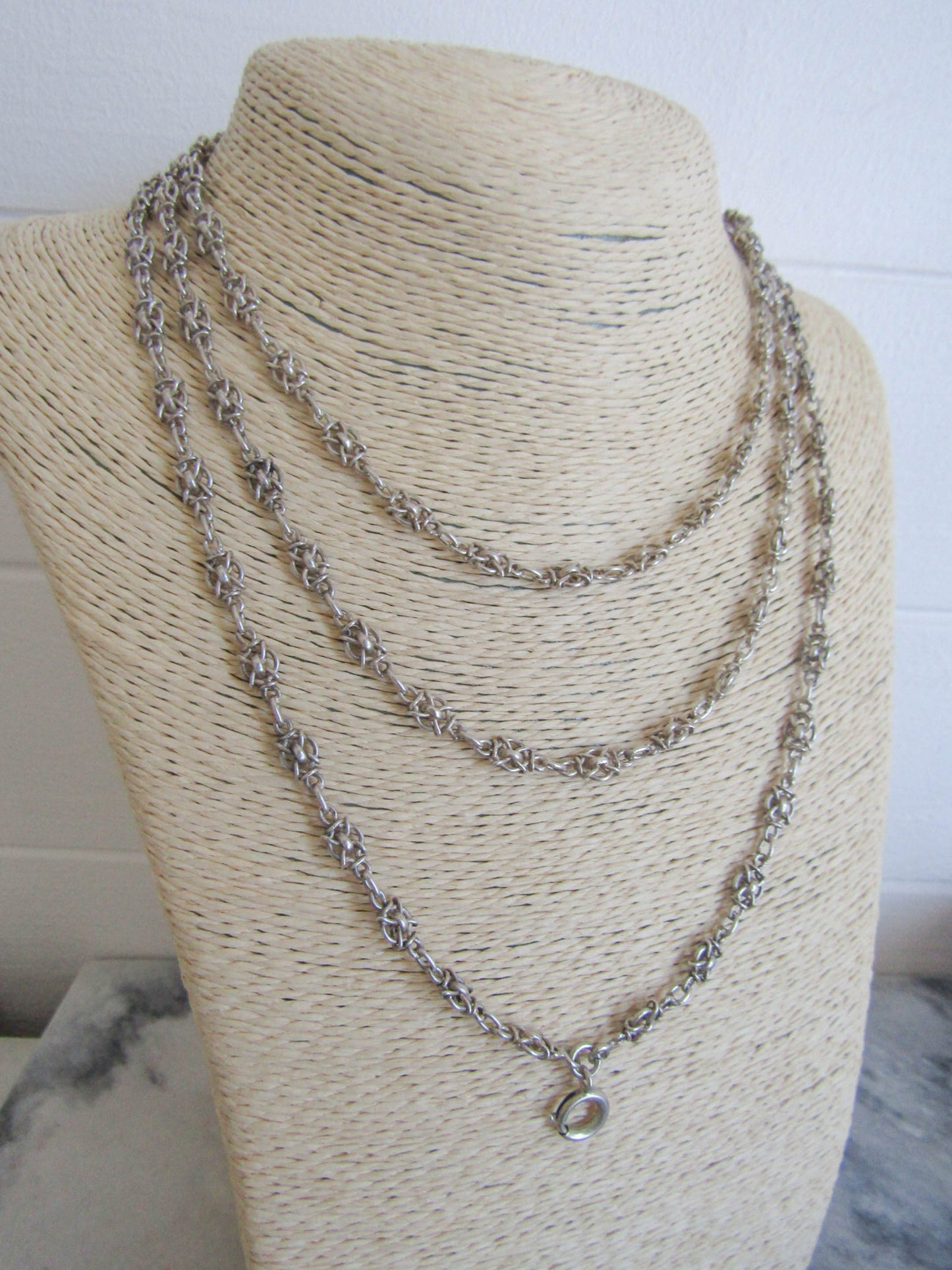 56" Antique Silver Victorian Fancy Chain, French Belle Epoque Long Guard Chain, XIX Century Muff Chain