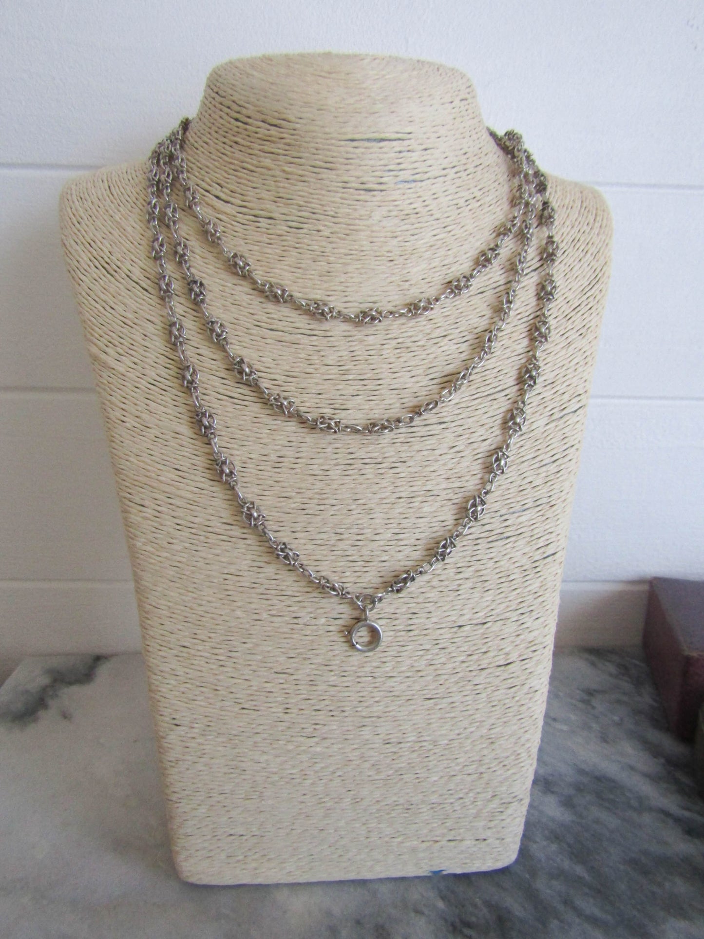 56" Antique Silver Victorian Fancy Chain, French Belle Epoque Long Guard Chain, XIX Century Muff Chain