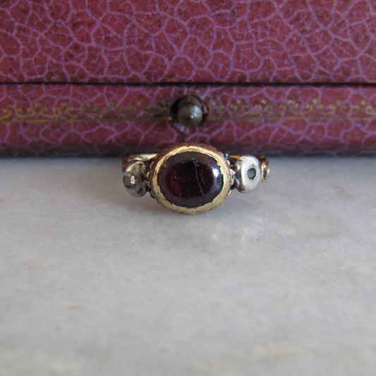 Rare 1750s Antique Georgian Ring with Garnet and table cut diamond