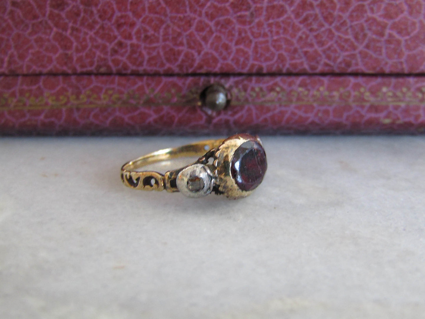 Rare 1750s Antique Georgian Ring with Garnet and table cut diamond