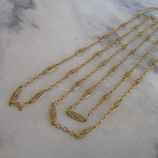 48" Antique French Gold Filled Filigree Long Guard Chain, Long Muff Chain c. 1900