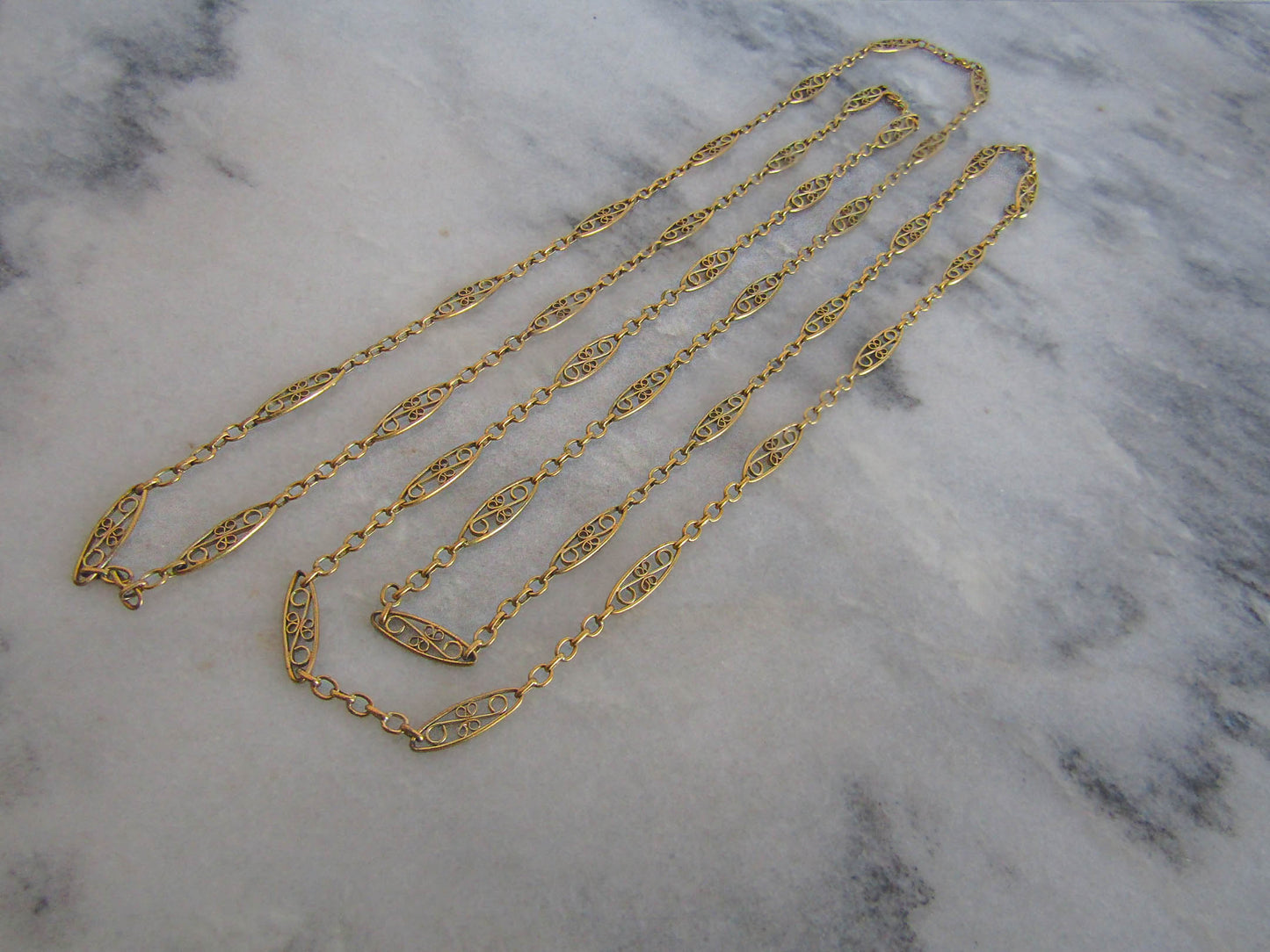 48" Antique French Gold Filled Filigree Long Guard Chain, Long Muff Chain c. 1900