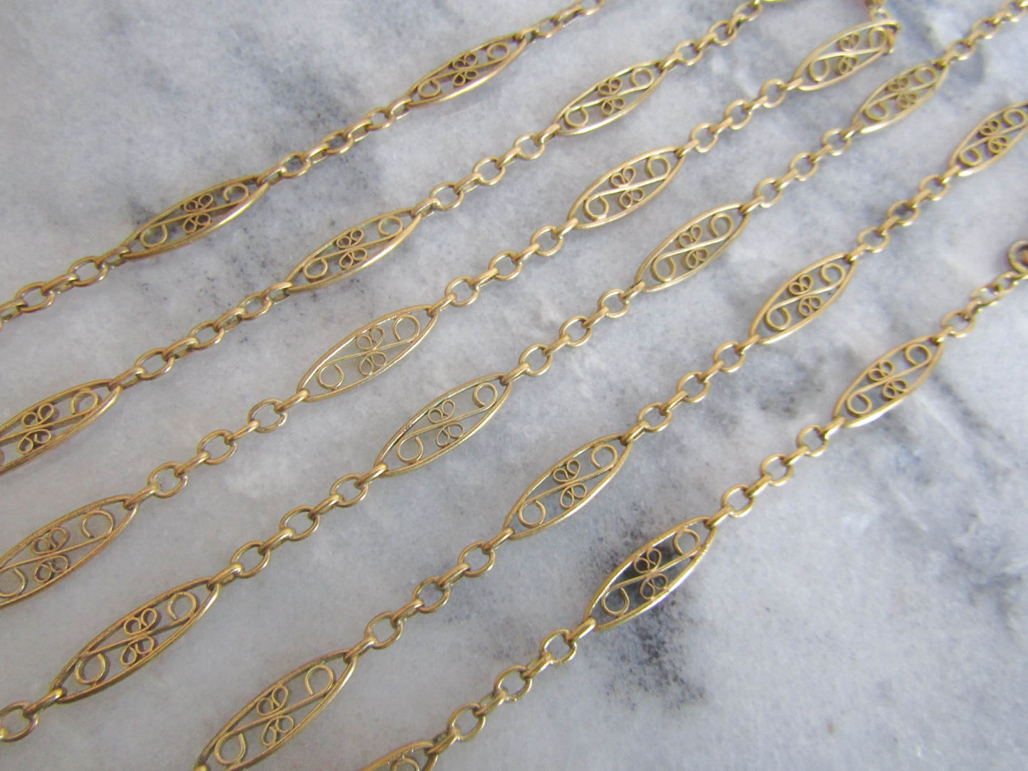 48" Antique French Gold Filled Filigree Long Guard Chain, Long Muff Chain c. 1900